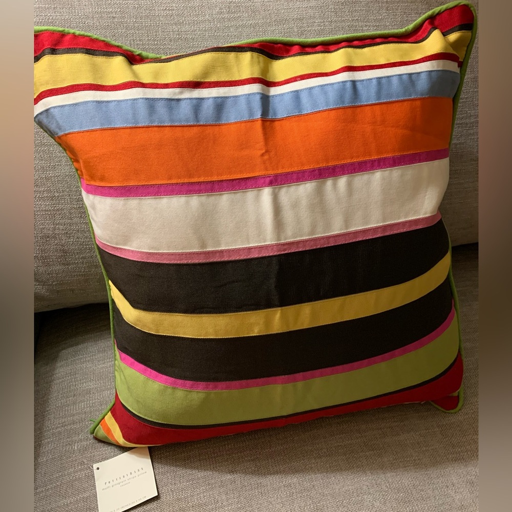NWT - Pottery Barn bright multi color grosgrain ribbon stripe pillow case 20x20”